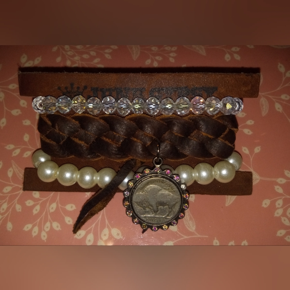 Leather, Pearl, and Crystal Buffalo Head Nickle Bracelet